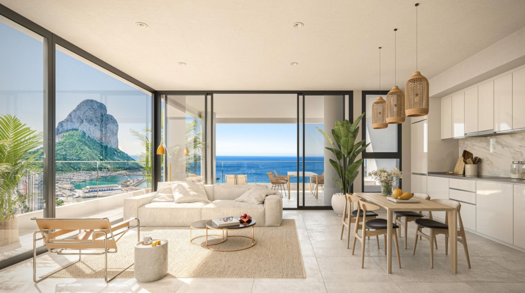 A prime location between the Calpe, the Isea Views residential complex offers unparalleled luxury. Its open floor plan seamlessly integrates a modern kitchen with the living room.