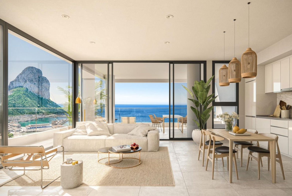 A prime location between the Calpe, the Isea Views residential complex offers unparalleled luxury. Its open floor plan seamlessly integrates a modern kitchen with the living room.